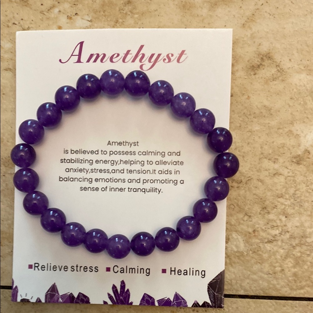 Bracelet-Natural Stone Amethyst Purple stretchy Bracelet with card. Unisex 3/51